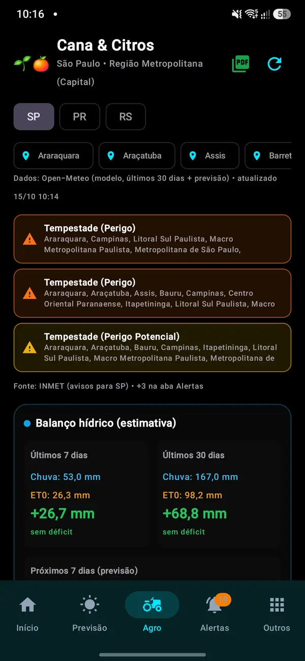 Aba Agro com Cana & Citros e alertas no SIST MET Radar & Chuva