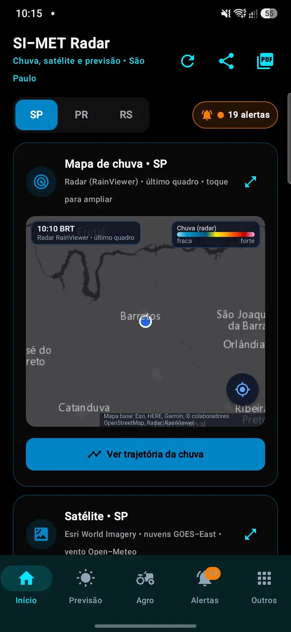 SIST MET Radar & Chuva: tela inicial com mapa de chuva