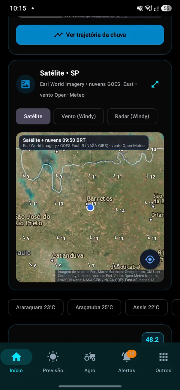 Imagem de satélite com nuvens no SIST MET Radar & Chuva