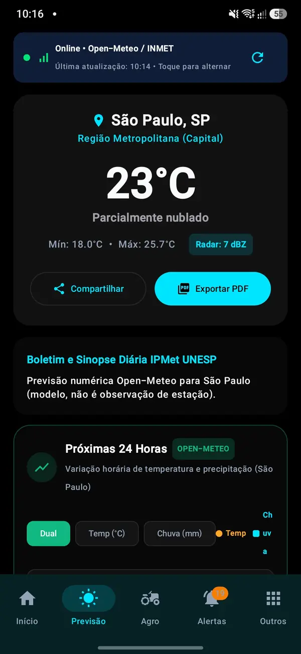 Mapa de temperatura em São Paulo no SIST MET Radar & Chuva